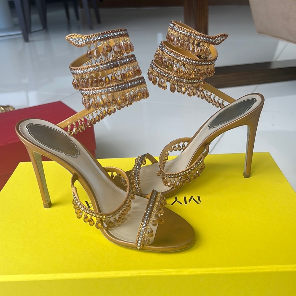 Chandelier 105 Embellished Leather Wrap Sandals Amber
